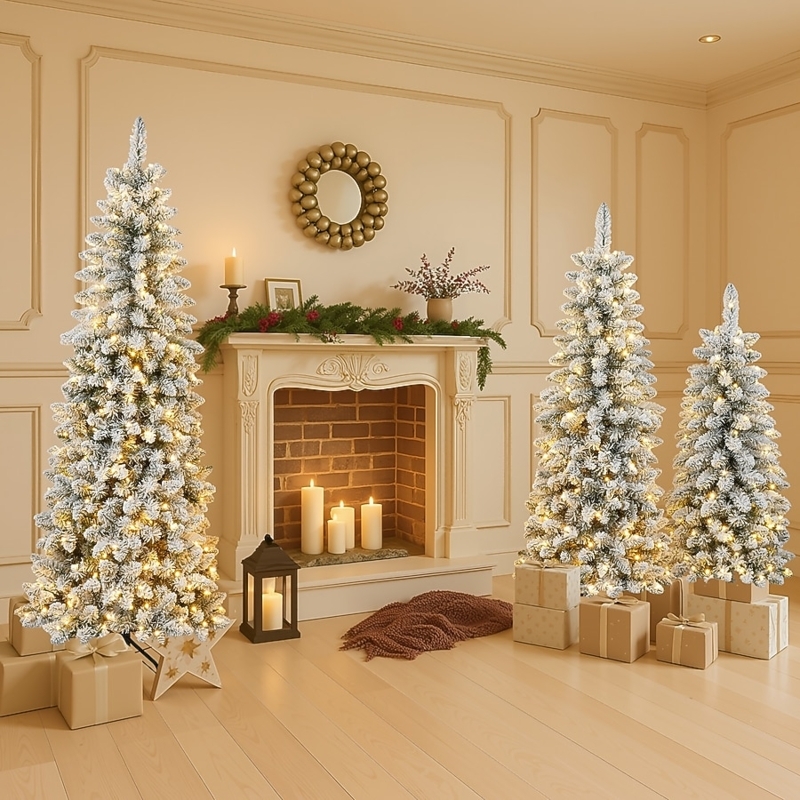 Christmas Tree Trio Flocked Multi Height Set Pre-Lit Snowy