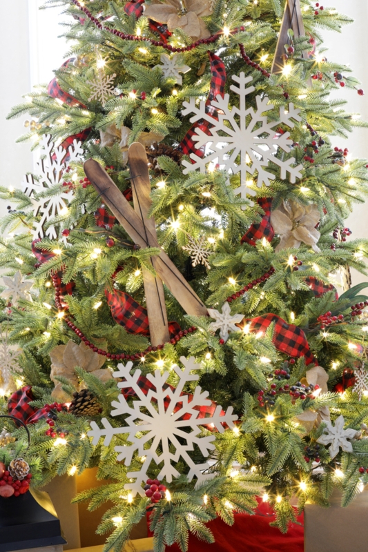 Christmas Tree with Rustic Ski Lodge Theme and Red Buffalo Plaid Ribbon