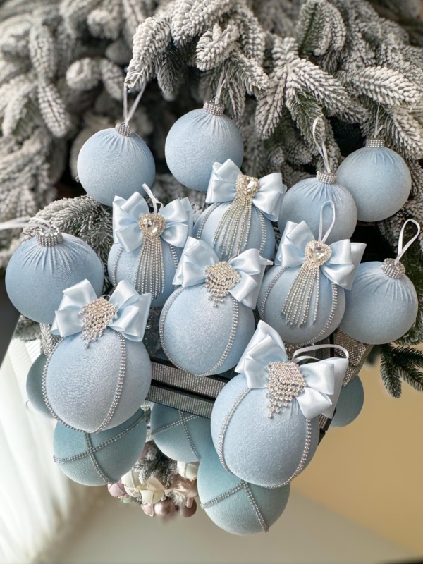 Christmas Velvet Baubles Baby Blue Soft Texture Coastal Holiday Decor