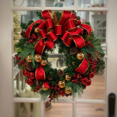 Christmas Wreath featuring Red and Gold Ornaments and Pine Cone Accents