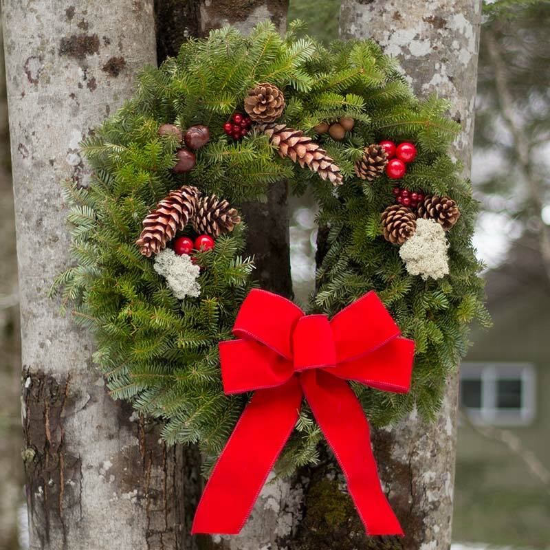 Christmas Wreath Festive Mixed Greenery Scarlet Bow Accent