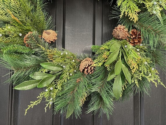 Christmas Wreath Frosted Evergreen Tips Mixed Foliage Textures