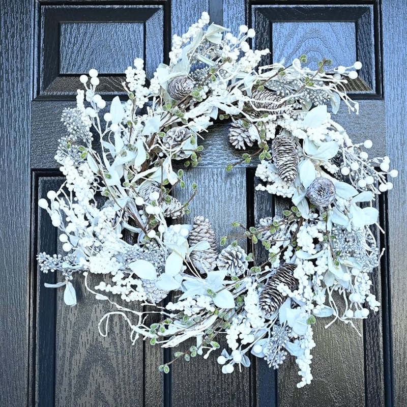 Christmas Wreath: Frosted White Foliage with Striped Ribbon