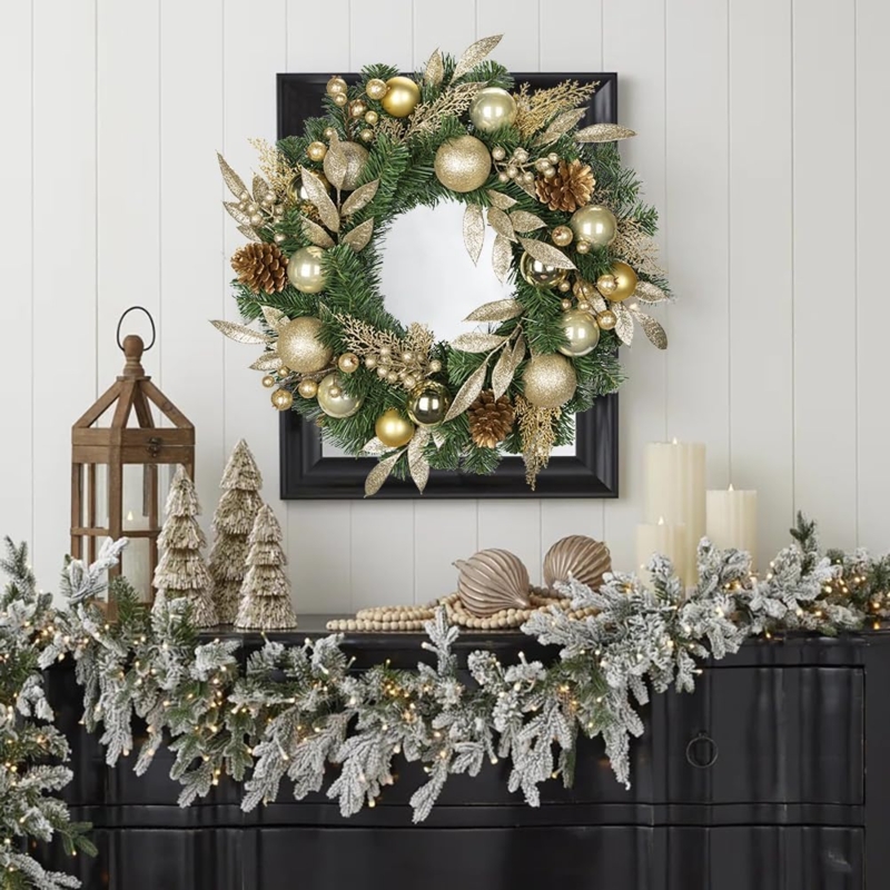 Christmas Wreath Gold Glittered Leaf Sprays Mixed Evergreen Base
