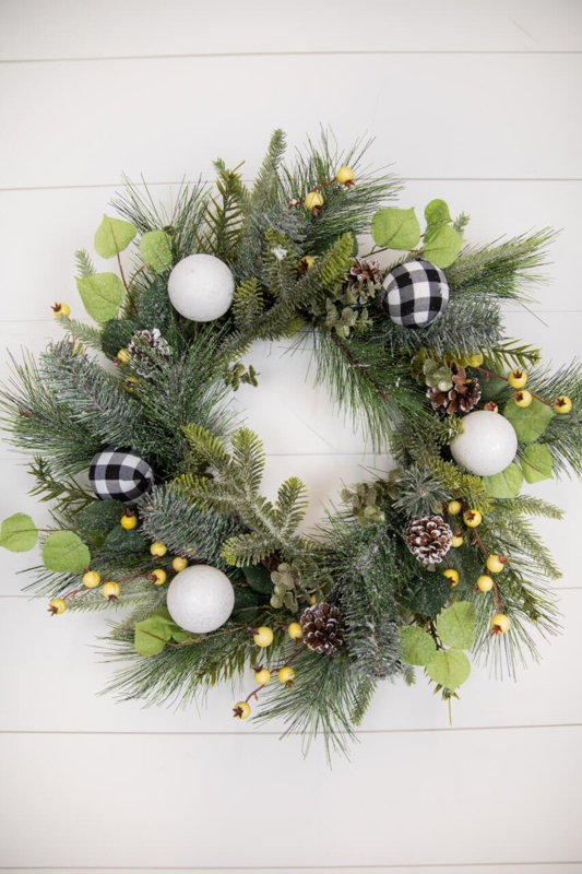 Christmas Wreath Mixed Pine, Frosted Pine Cones & Gold Bauble Accents