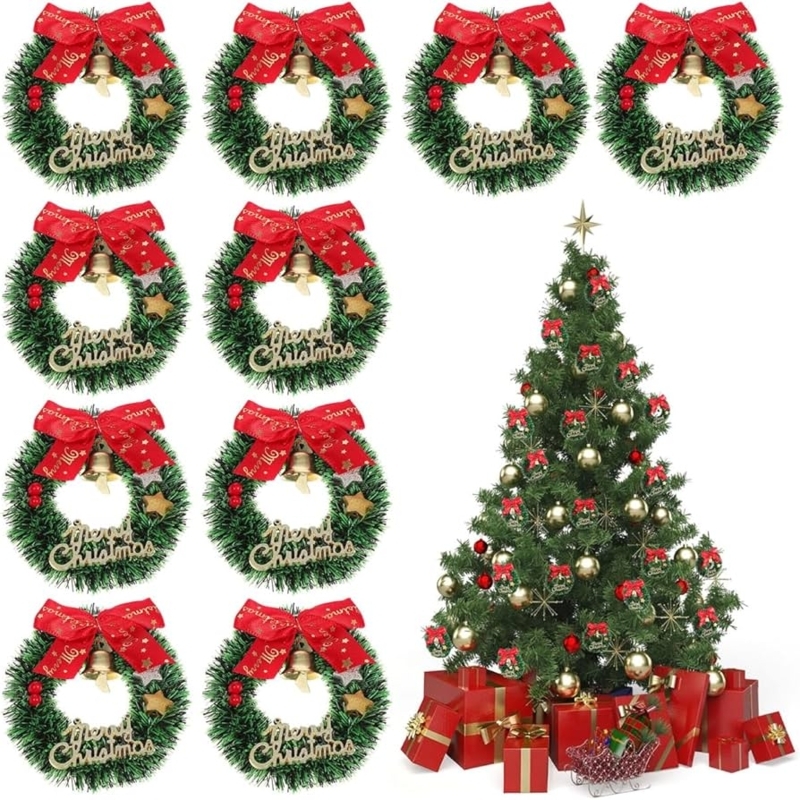 Christmas Wreath Ornament Miniature Set, Dollhouse Red Bow & Gold Bell