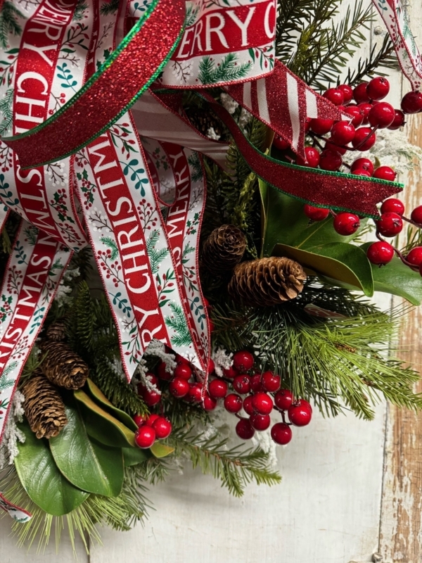 Christmas Wreath: Oversized Red Bow Traditional Pinecone & Berry Decor.