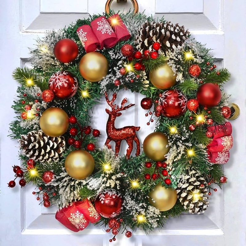 Christmas Wreath Pre-Lit 16 Inch, Glitter Red Reindeer & Berries Accent