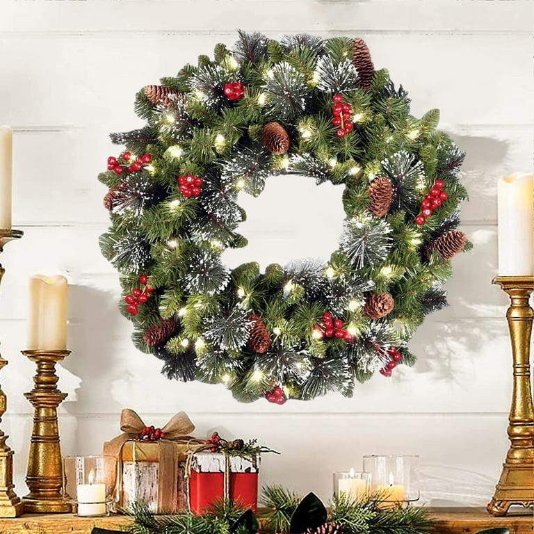 Christmas Wreath Pre Lit Frosted Pine Classic Red Berry Decor
