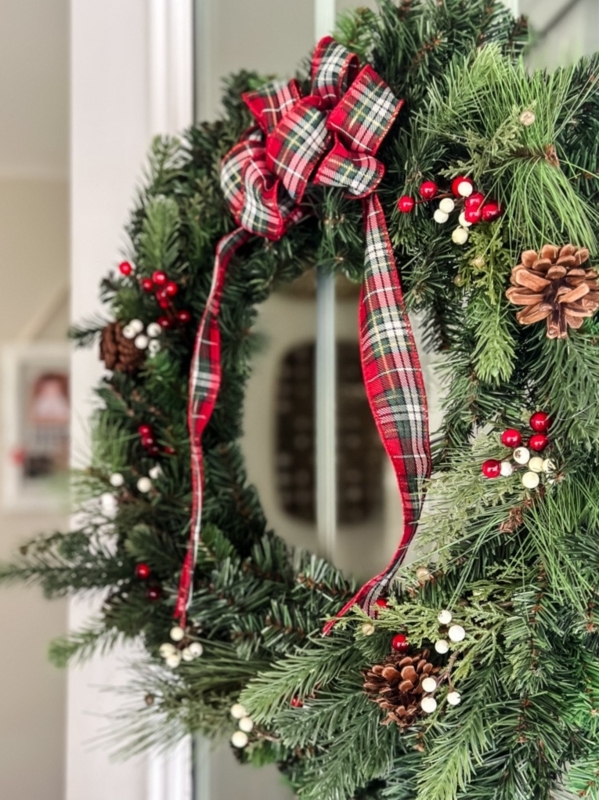 Christmas Wreath: Red Velvet Ribbon, Pinecones & Berries Classic Decor.