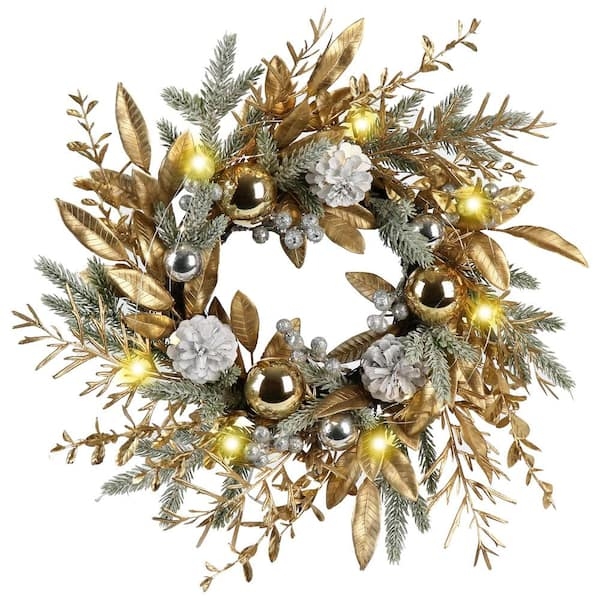 Christmas Wreath Silver Berry Accents Warm LED Lights Festive