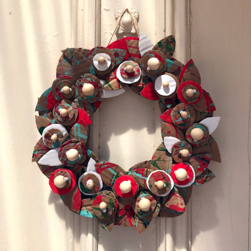 Christmas Wreath, Upcycled Cardboard Base, Modern Handmade Holiday Decor.