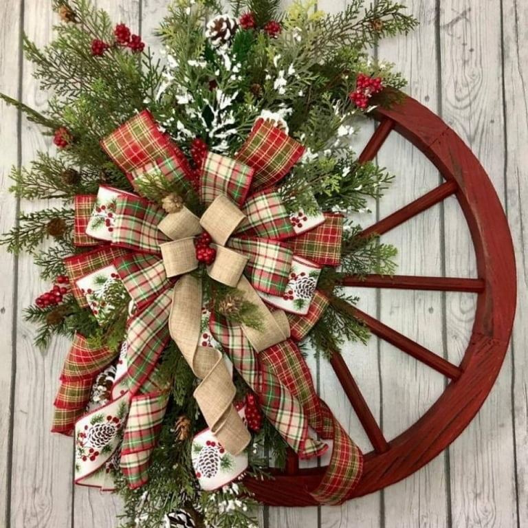 Christmas Wreath with Burlap Bow Focal Point, Rustic Holiday Console Decor