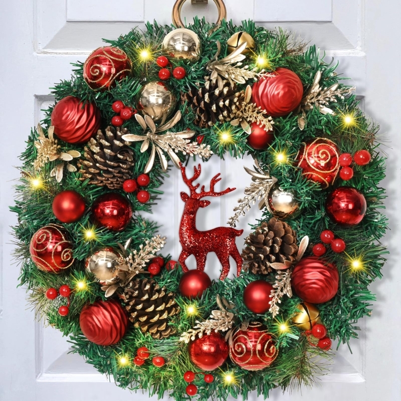 Christmas Wreath with Central Reindeer and Red Berries