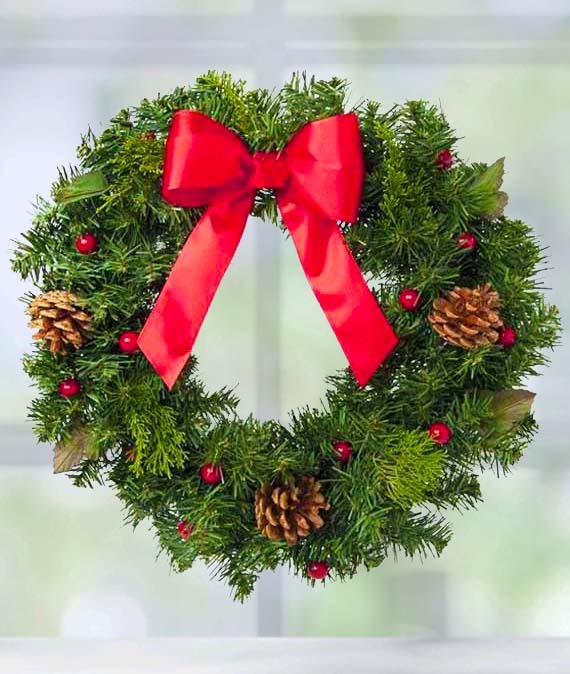 Christmas Wreath with Crimson Velvet Bow and Pine Cones