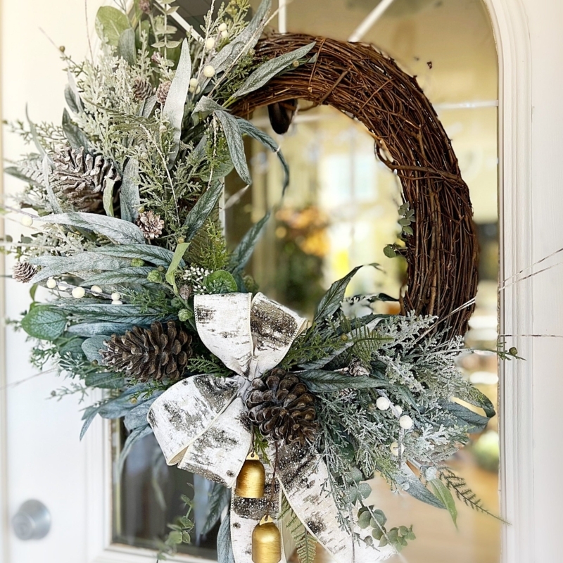 Christmas Wreath with Hanging Bells, Burlap Bow, Rustic Farmhouse Style