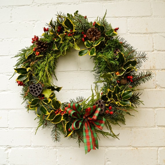Christmas Wreath with Mixed Foliage Variety, Rustic Natural Holiday Decor