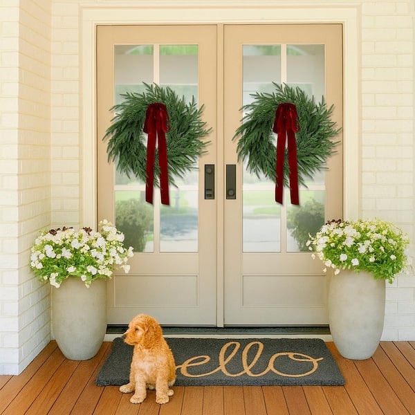 Christmas Wreath with Norfolk Pine Cedar Mix, Traditional Holiday Bow