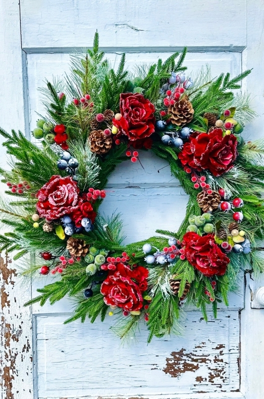 Christmas Wreath with Red Roses, Frosted Fruit, Rustic Grapevine Base