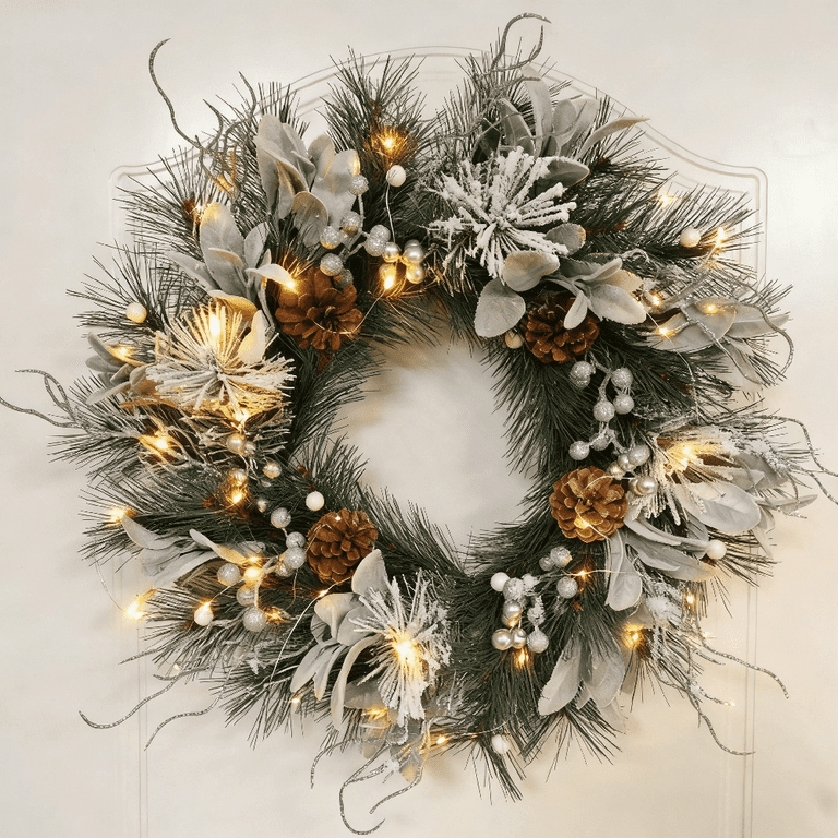 Christmas Wreath with Snow-Tipped Finish, Pre-Lit Front Door Decor