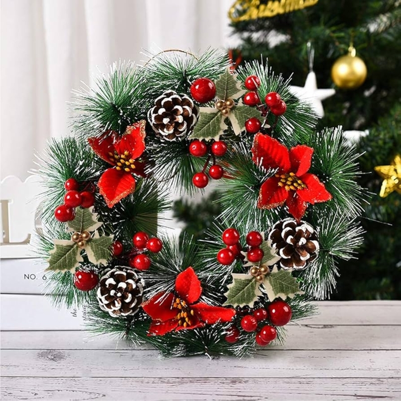 Christmas Wreath with Snowflake Ornaments and Poinsettias