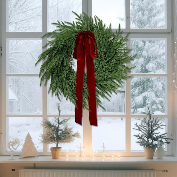 Christmas Wreath with Velvet Bow Accent, Norfolk Pine Texture, Pre-Lit