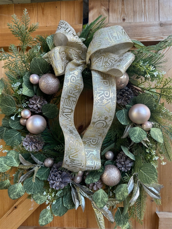 Christmas Wreath With White Floral Accents, Rustic Holiday Door Decor