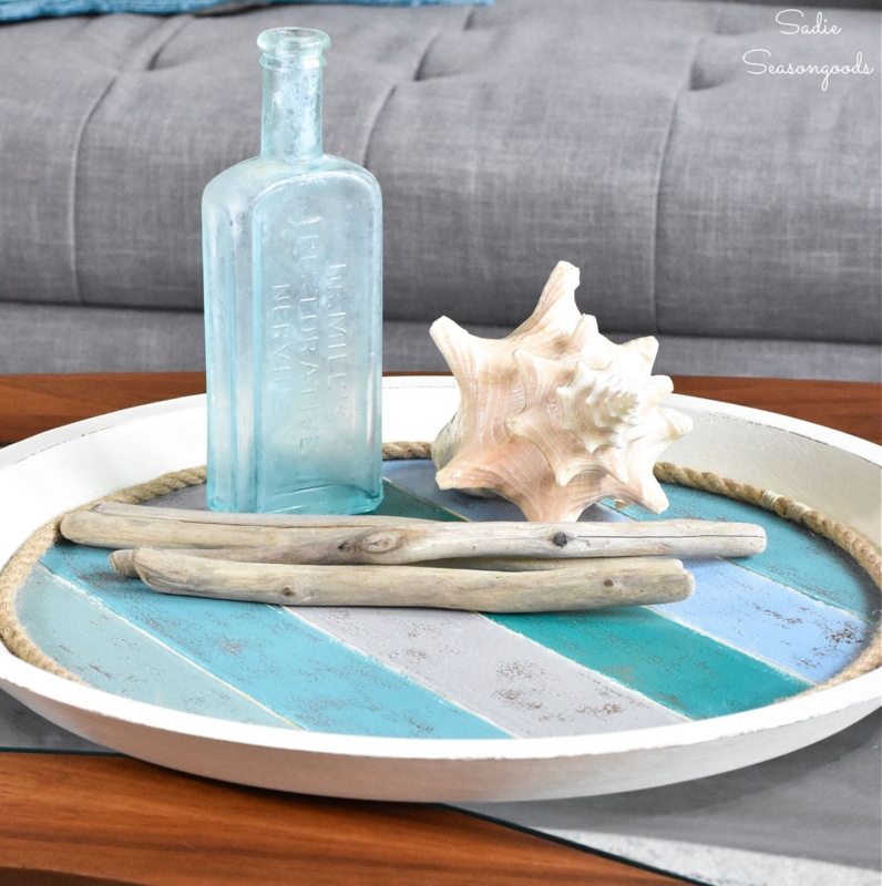 Circular Serving Tray, Natural Wood, Cutout Handles, Summer Tray Styling
