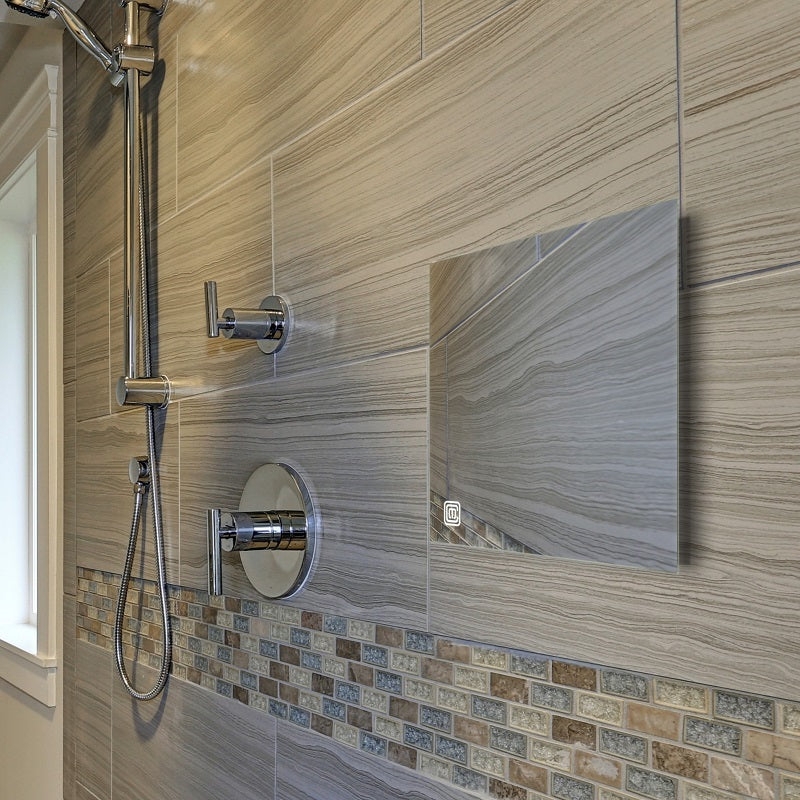 Circular Shower Mirror, Frameless Minimalist Design on Tile