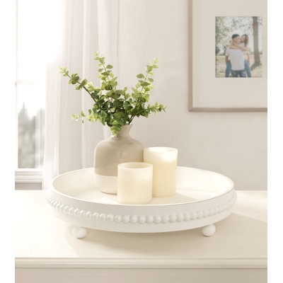 Circular Stone-Like Tray with Matte White Finish and Handle Accents