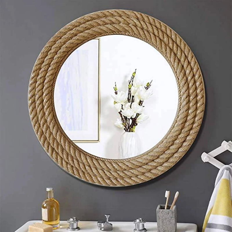Circular Wall Mirror with Integrated Rope Hanger, Coastal Style