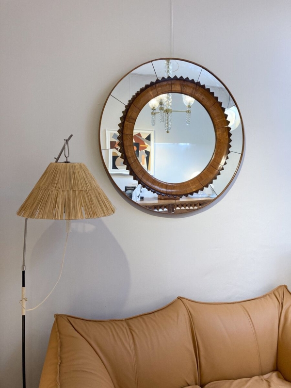 Circular Walnut Wall Mirror with Recessed Surface and Deep Profile Frame