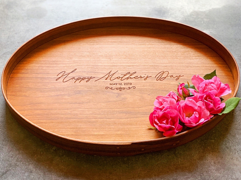 Circular Wood Serving Tray with Personalized Engraving.