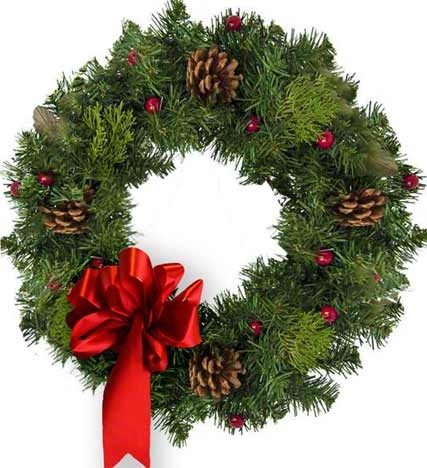 Classic Evergreen Wreath with Oversized Red Bow and Pinecone Details