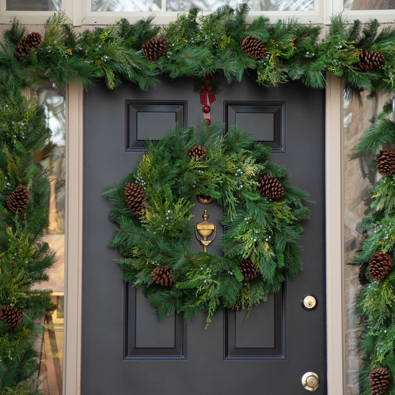 Classic Holiday Wreath featuring Mixed Evergreens and Frosted Pinecones