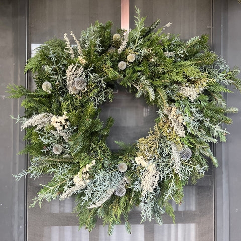 Classic Holiday Wreath with Navy Velvet Bow, Mixed Evergreens and Pinecones
