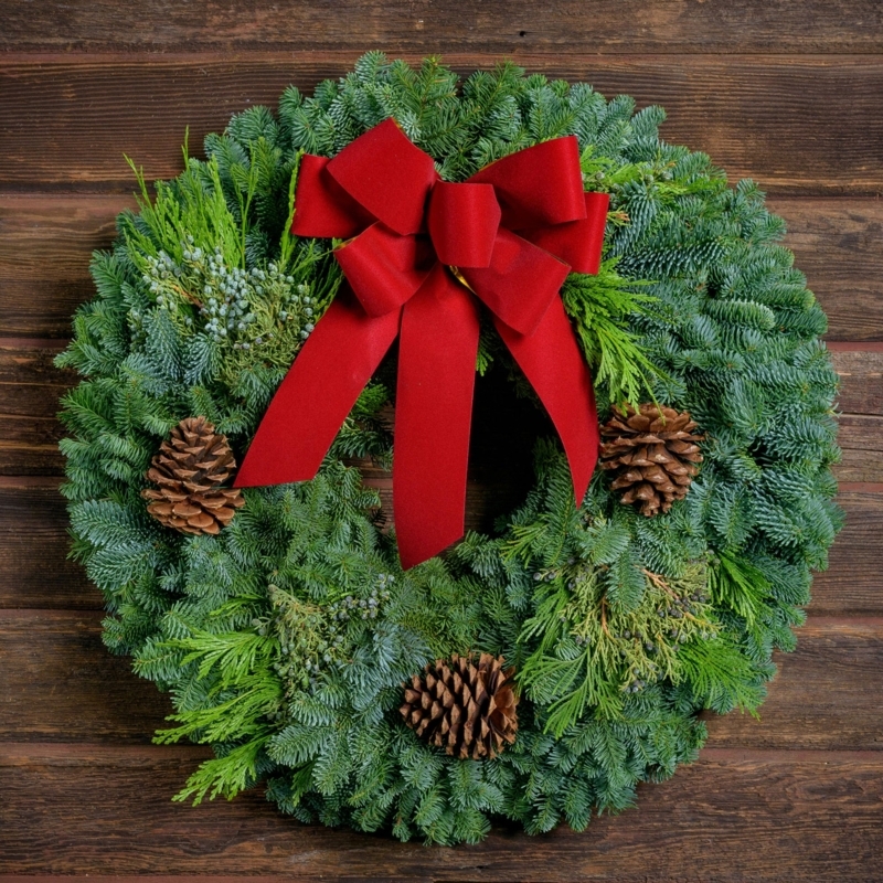 Classic Holiday Wreath with Vibrant Red Bow Natural Pinecones