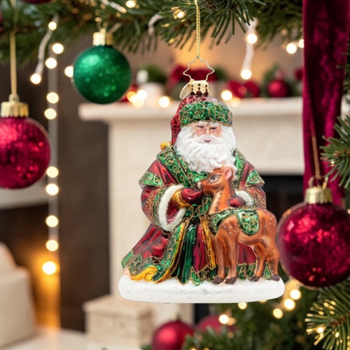 Classic Santa Figurine Ornament Gold Staff and Miniature Tree