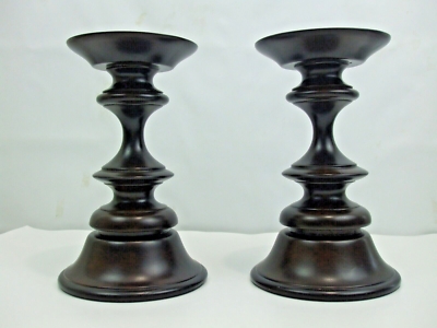 Classic Turned Wood Pillar Candle Holders, Dark Brown Pedestal Pair