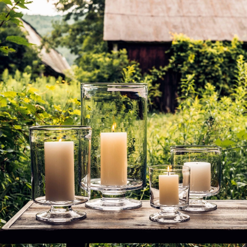 Clear Glass Hurricane Candle Holder with Woven Rattan Handle Coastal