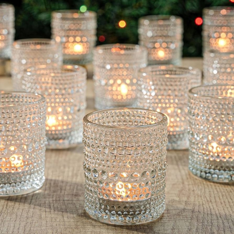 Clear Glass Votive Candle Holders in Romantic Floral Centerpiece Arrangement