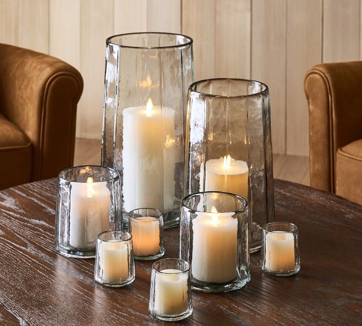 Clear Hammered Glass Hurricane, Large Recycled Cylindrical Vessel