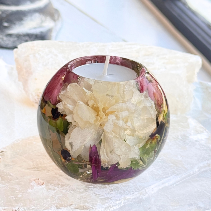 Clear Resin Tealight Candle Holder with Preserved Floral Inclusions