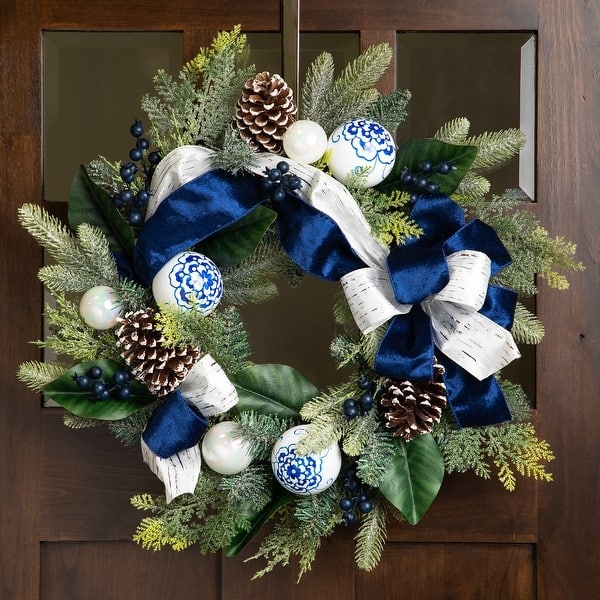 Coastal Christmas Wreath Frosted Pine Tips Navy Blue Accents Bows