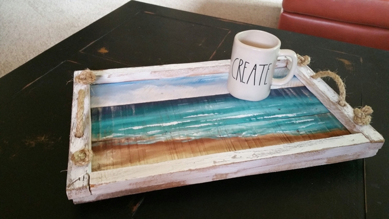 Coastal Cottage Tray with Hand Painted Shoreline and Rope Handles