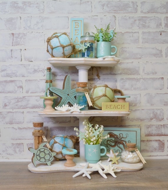 Coastal Decor Set with Miniature Risers, Beach House Shelf Accents