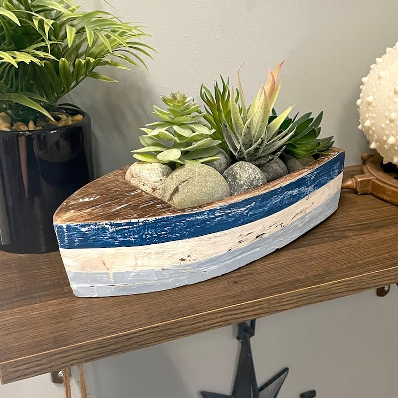 Coastal Distressed Blue Wooden Boat Tray Rowboat Silhouette Centerpiece