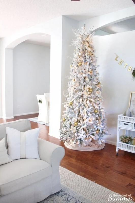 Coastal Farmhouse Pencil Christmas Tree with Woven Basket Collar Styling