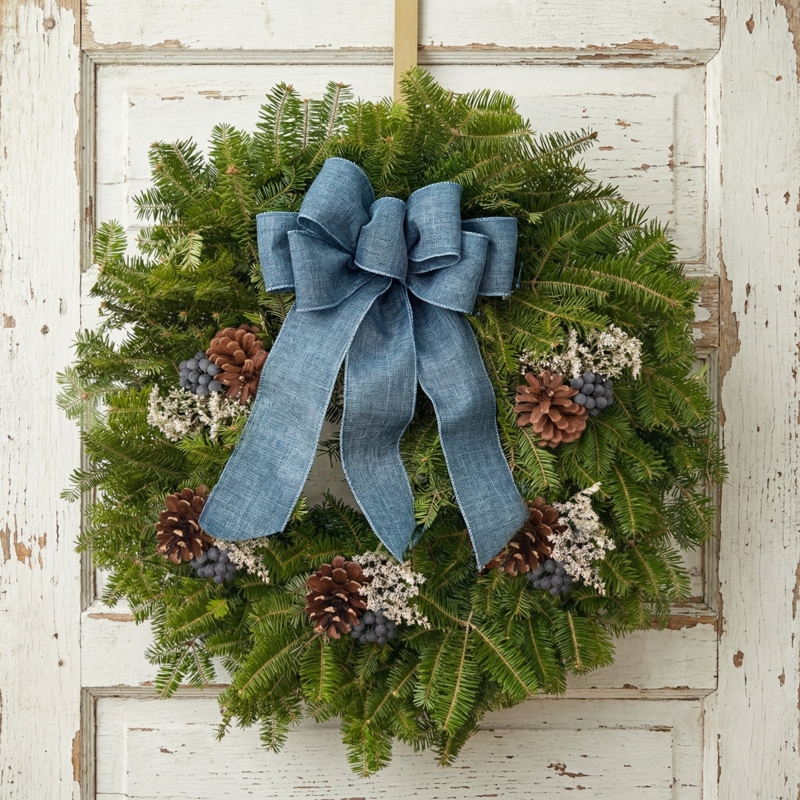 Coastal Farmhouse Wreath with Blueberry Accents and Balsam Foliage