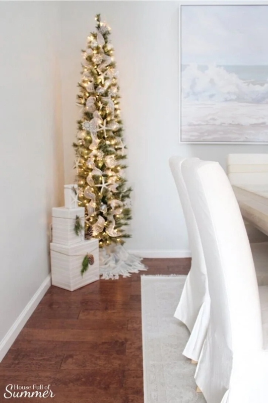 Coastal Neutral Holiday Decor Styling with an Unlit Pencil Tree